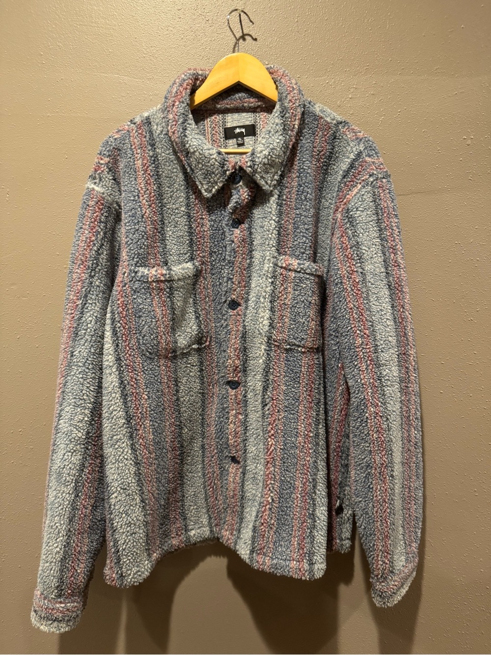 Stussy Striped Sherpa Shirt Jacket in Gray & Pink